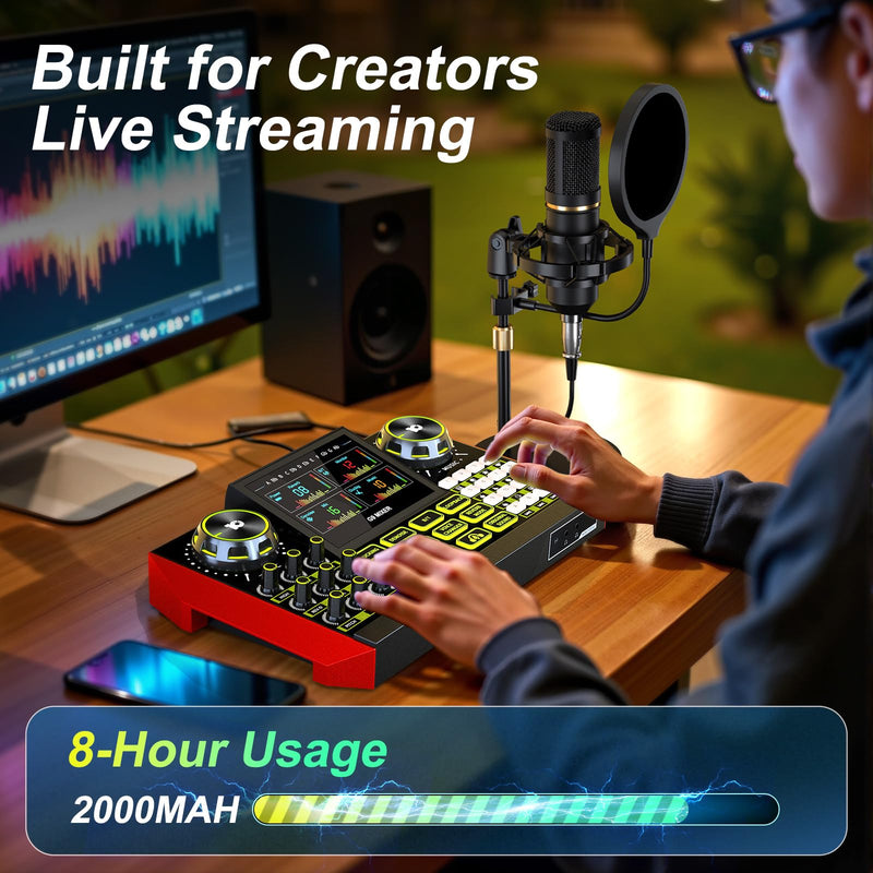 [AUSTRALIA] - Podcast Equipment Bundle Audio Mixer, Sound Board for Pc/Phone Live Streaming Singing Gaming, Podcast Mixer for 3.5/6.35mm Dynamic Microphone, Voice Changer, Denoise, One Click Mute 