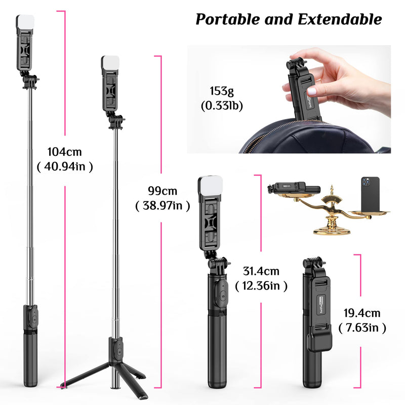 Selfie Stick Tripod with Fill Light, All in One Extendable Selfie Stick with Detachable Wireless Remote, Flexible Phone Tripod Stand Compatible with iPhone/Galaxy, Compact Size & Lightweight Black & With Light
