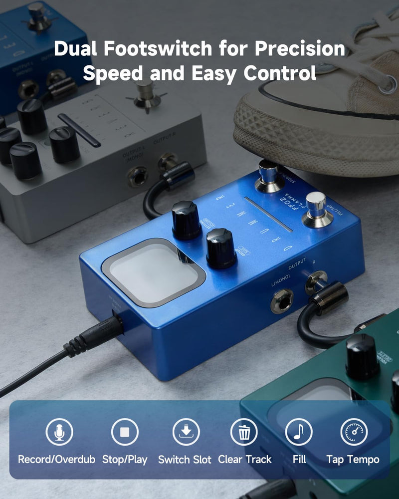 FLAMMA FF02 Drum Machine Guitar Pedal - 121 Drum Grooves, 11 Music Genres, Tap Tempo, Adjustable Rhythms, Stereo I/O for Live & Studio Use Drum Blue