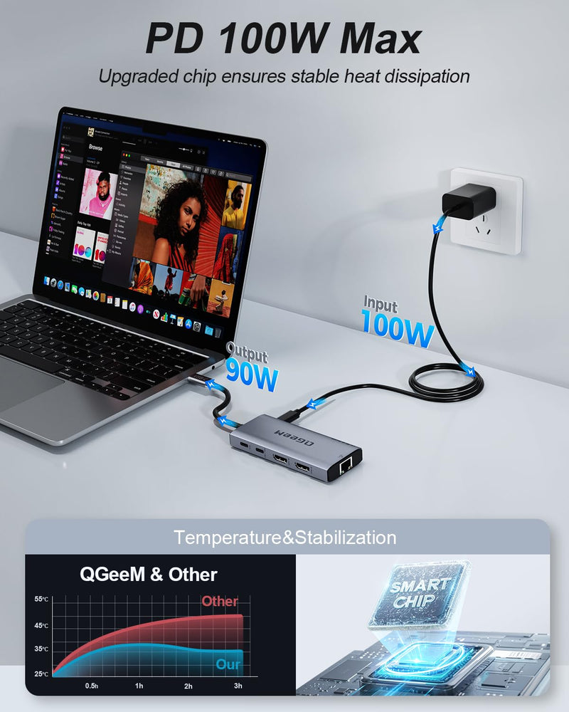 QGeeM USB C Docking Station Bundle, 10 in 1 Multiport Laptop Dock & USB C to 4K HDMI Adapter, Thunderbolt 3/4 Combo Kit with Dual HDMI, PD 100W, Ethernet, Card Reader for MacBook, Dell XPS, Surface