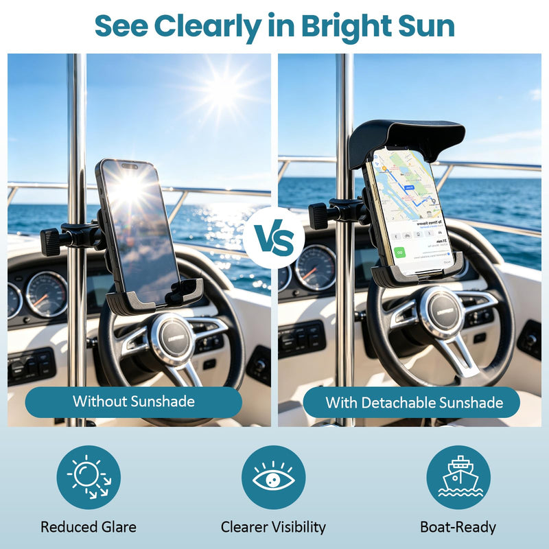 Boat Phone Holder with Sunshade, 360 Degree Rotation Marine Cell Phone Holder,Adjustable Knob Crab Clamp,Boat Accessories for Boat Rail, Jet Ski, Cycling, Fits 4.7-7.2 Inch Phones,（Knob Crab Clamp）