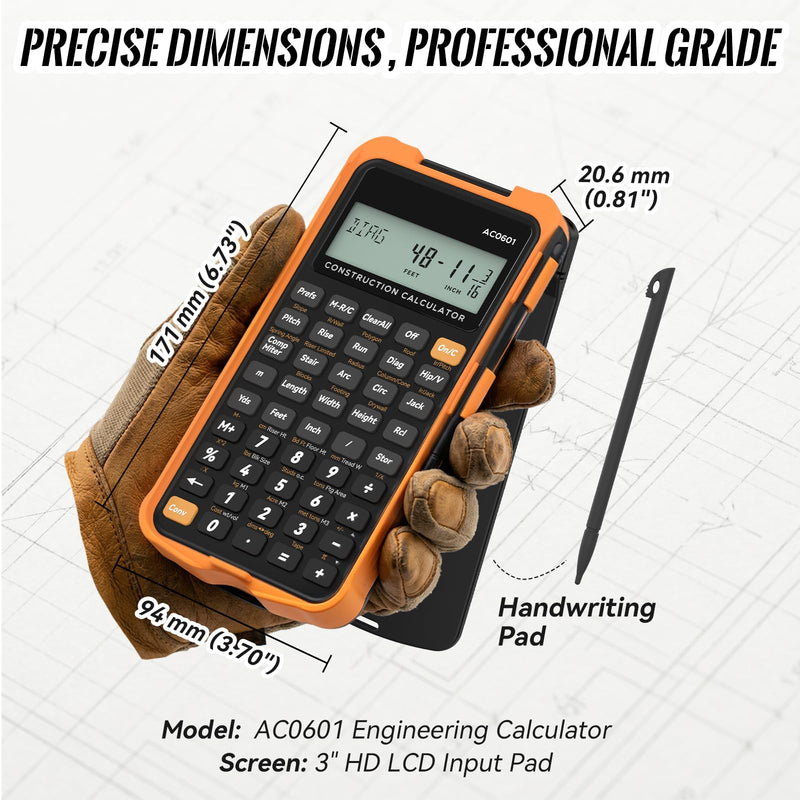 Construction Calculator Engineering Calculator with Writing Tablet | Professional Math Tool for Contractors, Carpenters, Feet-Inch-Fraction Converter with Sturdy Protective Cover Gray Orange Construction Calculator with Writing Tablet