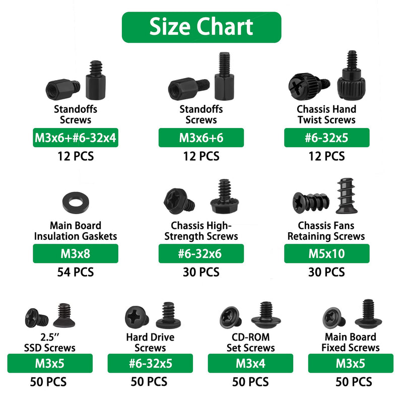 350PCS Computer Screws Assortment Kit, 6-32 Male to M3 Female Black Carbon Steel Motherboard Standoffs Screws and 350PCS Computer Screws Assortment, 6-32 Male to M3 Female Carbon Steel Nickel Plated