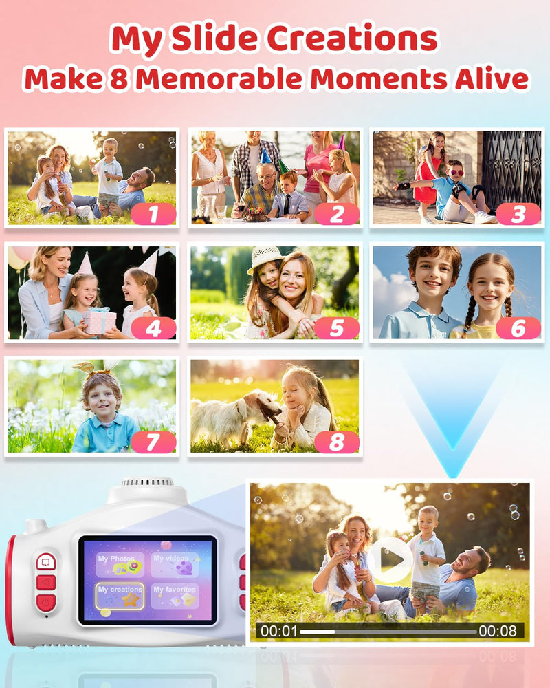 Kids Camera with Projector, 1080P Digital Video Camcorder, 48MP Photo Camera, Portable Toddler Camera Christmas Birthday Travel Gift Toy for Boys Girls Age 3 4 5 6 7 8 9 10 11 12, White