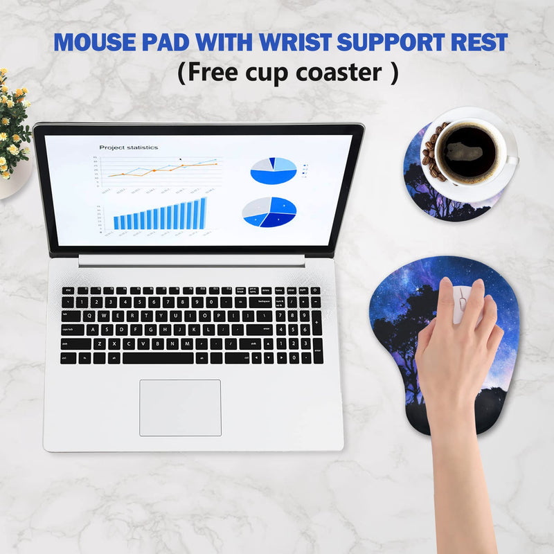 AIMSA Ergonomic Mouse Pad with Wrist Support Gel, Wrist Rest Pad Non-Slip PU Base Comfortable Laptop, Computer Mousepad for Office, Home, Easy Typing & Pain Relief, Tree Galaxy