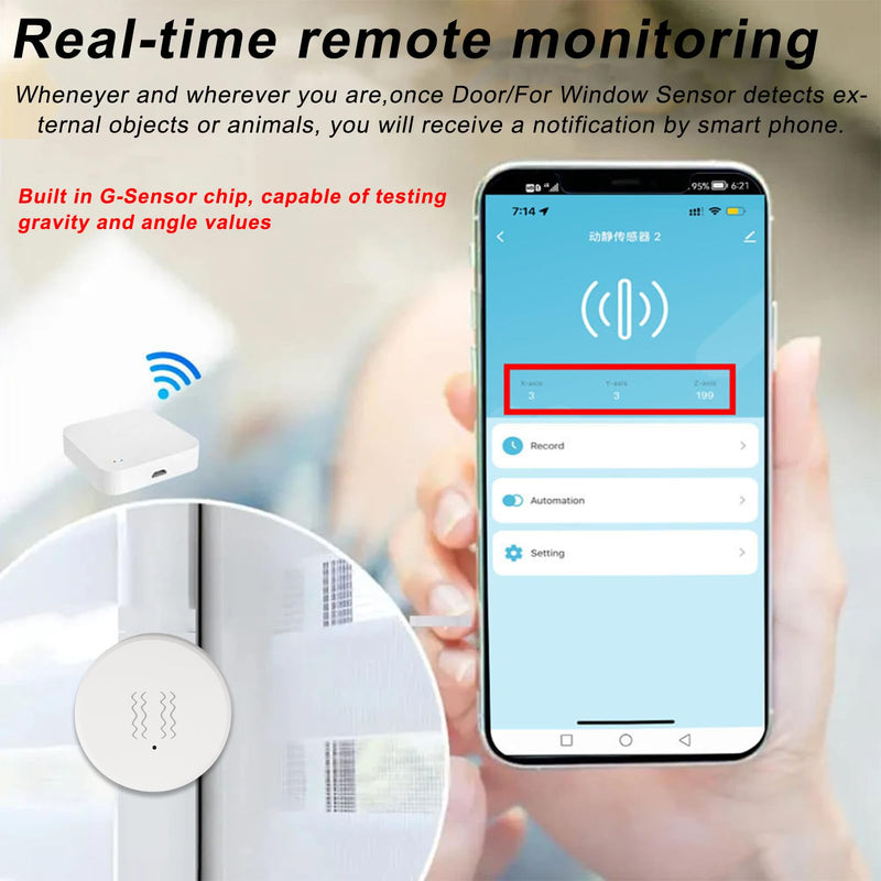 Vibration Sensor for Tuya Zig-bee Smart Vibration Sensor Tilt Sensor Real Time Monitoring Alarm Adjustable Sensitivity 40 x 40 x 13 mm