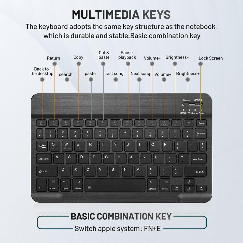 Ultra-Slim Bluetooth Keyboard Portable Mini Wireless Keyboard Rechargeable for Apple iPad iPhone Samsung Tablet Phone Smartphone iOS Android Windows (10 inch Black)