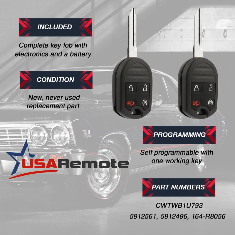 Car Key Fob Keyless Entry Remote Start fits Ford, Lincoln, Mercury, Mazda (CWTWB1U793 4-btn) - Guaranteed to Program 4-btn rs