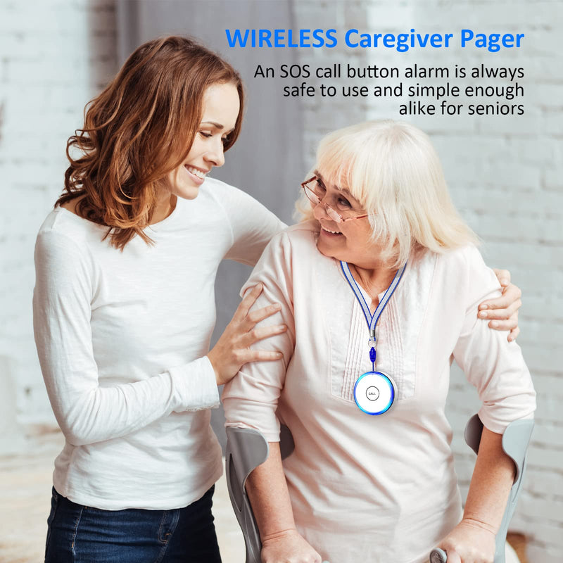 Wireless Caregiver Pager, Emergency Panic Call Button, Medical Alert Systems with 2-SOS Buttons and 2-Pagers for Seniors/Elderly at Home, 500+ ft Range Nurse Calling & Patient Assistance Alert 2 call buttons + 2 receivers