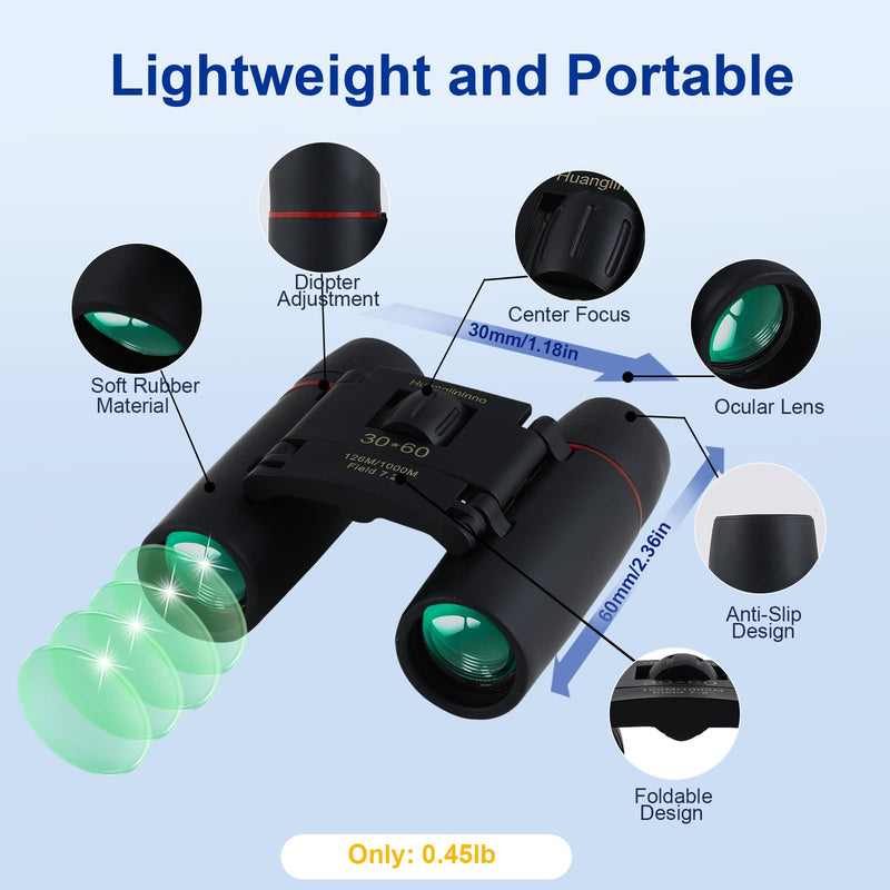 30X60 Compact Binoculars for Adults and Kids，Lightweight Foldable Easy Focus Small Binoculars for Bird Watching Hunting Concert Traveling Theater Opera Sightseeing 02
