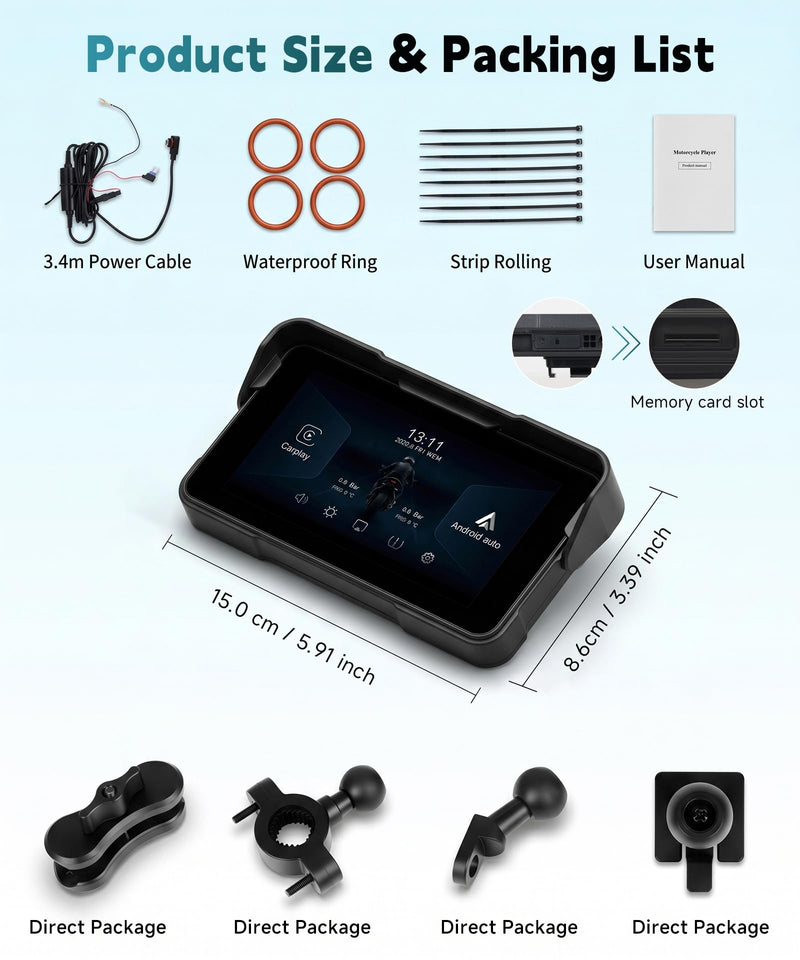 Motorcycle Wirelsss Carplay Android Auto Screen, 5" Wireless CarPlay | with Anti-Theft Design Mount, IP68 Waterproof Car Play Moto Touchscreen Dual Bluetooth Portable GPS Navigation