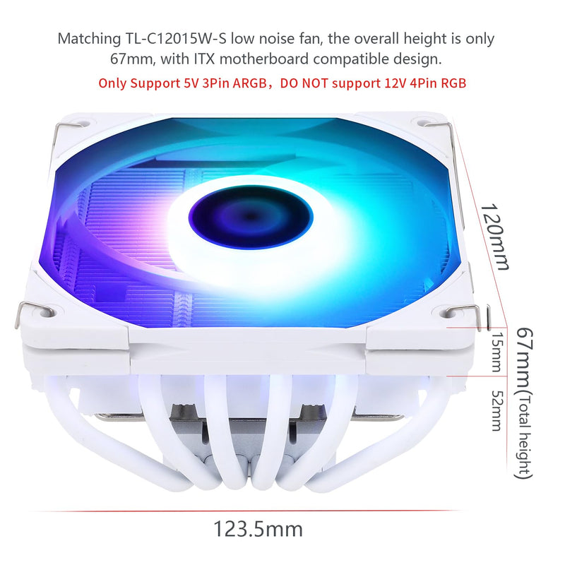Thermalright-TR AXP120-X67 White ARGB Low Profile CPU Air Cooler with Quite 120mm TL-C12015W-S PWM Fan, 6 Heat Pipes, 67mm Height, for AM4/AM5/Intel LGA 1700/1851/1150/1151/1155/1200/2011/2066