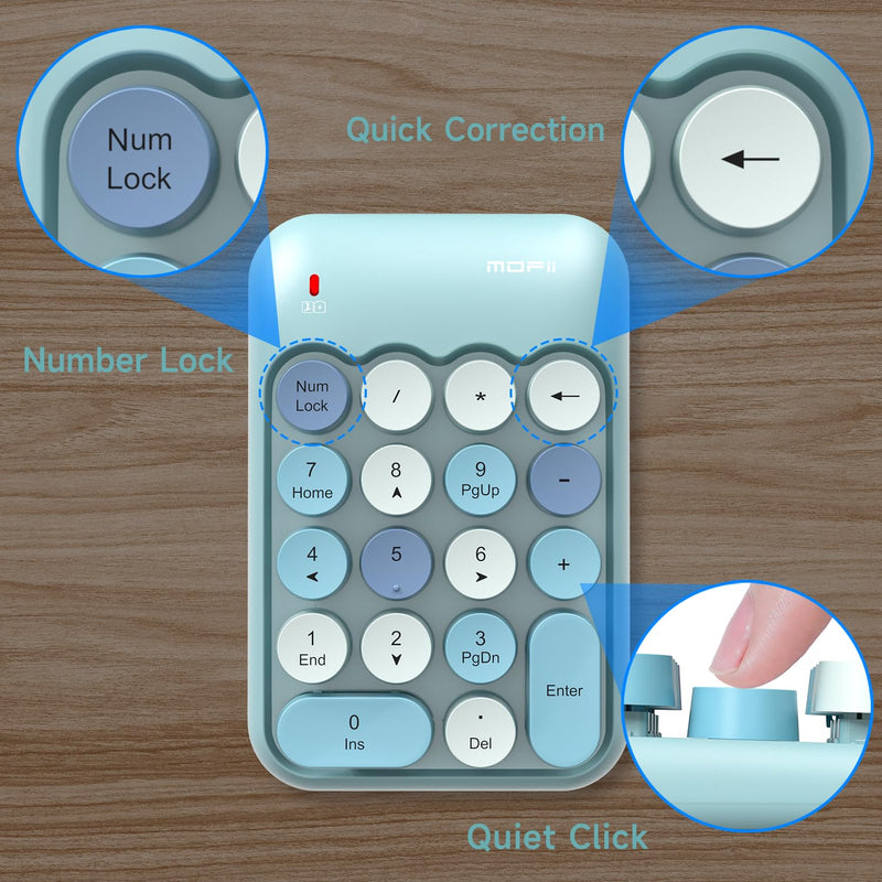 [AUSTRALIA] - MOFII Wireless Number Pads - Blue Numeric Keypad 18 Keys USB 2.4G Round Keycap Colorful Extensions Keypads, Financial Accounting Portable Numpad 10 Key for Laptop/PC/Notebook/Surface Pro 