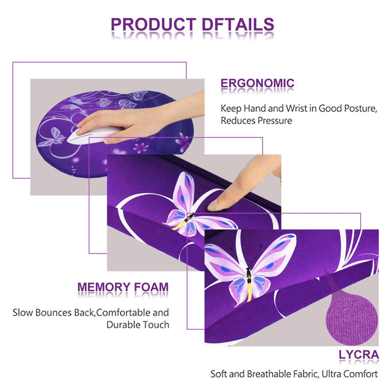 ArtSo Upgraded Wrist Rest Support for Mouse Pad & Keyboard, Ergonomic Gel Mousepad Non-Slip Rubber Base Home ,Office Pain Relief, Easy Typing Cushion Neoprene, Soft Memory Foam, Purple Heart butterfly