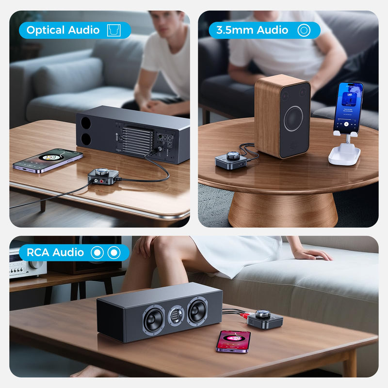 Bluetooth 5.3 Receiver for Home Stereo, RCA Bluetooth Adapter for 3D Surround, Support Optical, AUX 3.5mm, RCA Receiver Adapter for Speakers, Music Streaming Stereo System