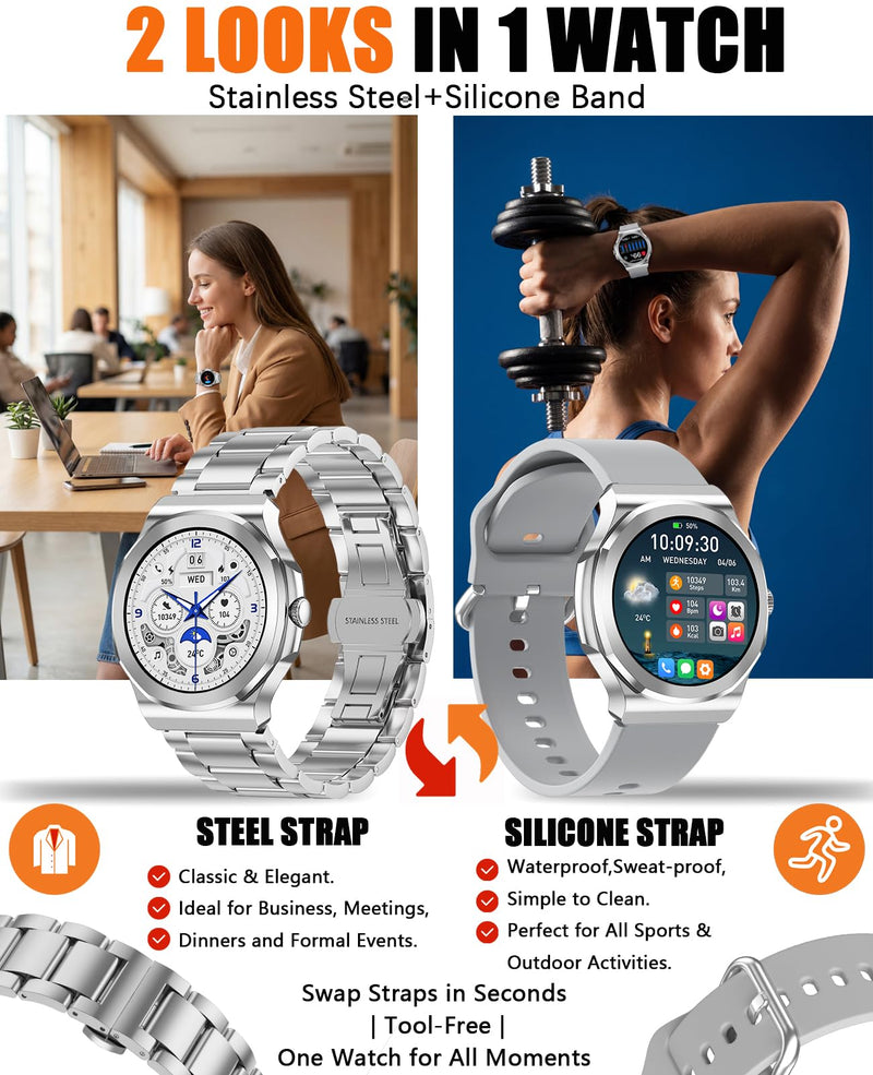 Smart Watches for Men Women,Fitness Tracker with Bluetooth Calling | 1.27" HD Screen,Heart Rate/Sleep Monitor/100+ Sport Modes,Stainless Steel & Silicone Band,Compatible with Android & IOS Silver