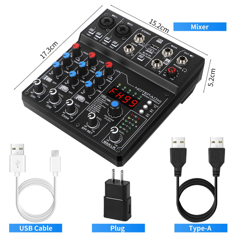 4 Channel Audio Mixer with 99 Sound Effects for PC,BT DJ Mixer Portable Sound Mixing Console with USB Recording Input for Live Streaming,Podcasting,DJ Show,Wedding