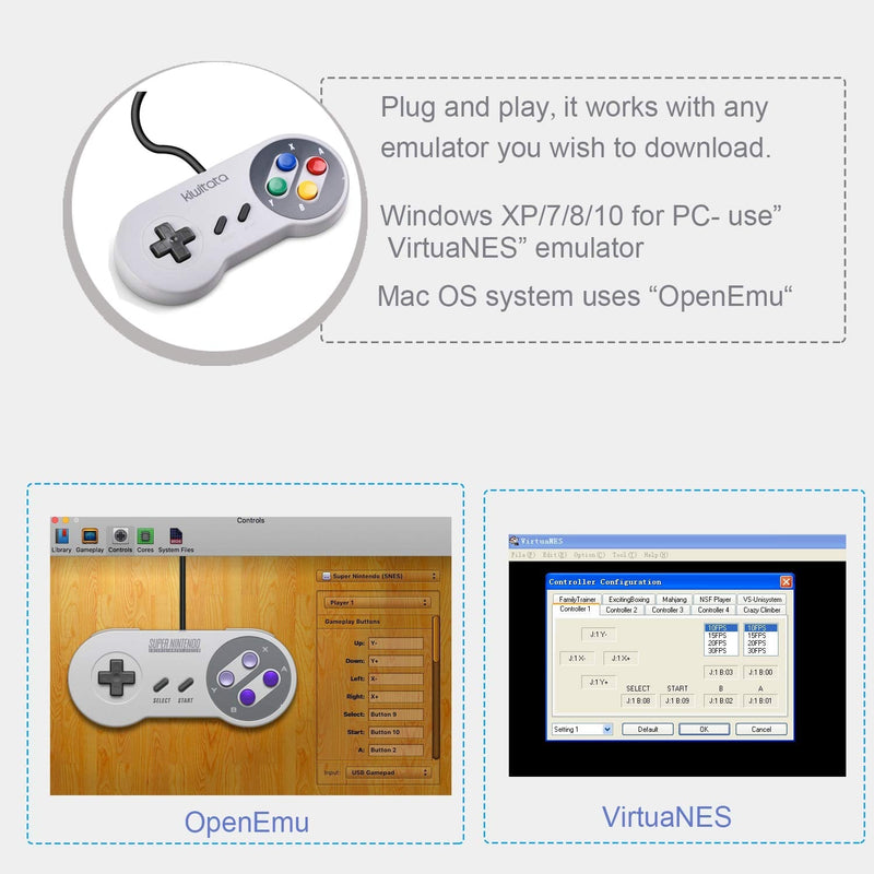 2X Classic SNES USB Controller for Retro Gamings, kiwitatá Super NES USB Wired Game Controller Joystick for Windows PC Mac Raspberry Pi