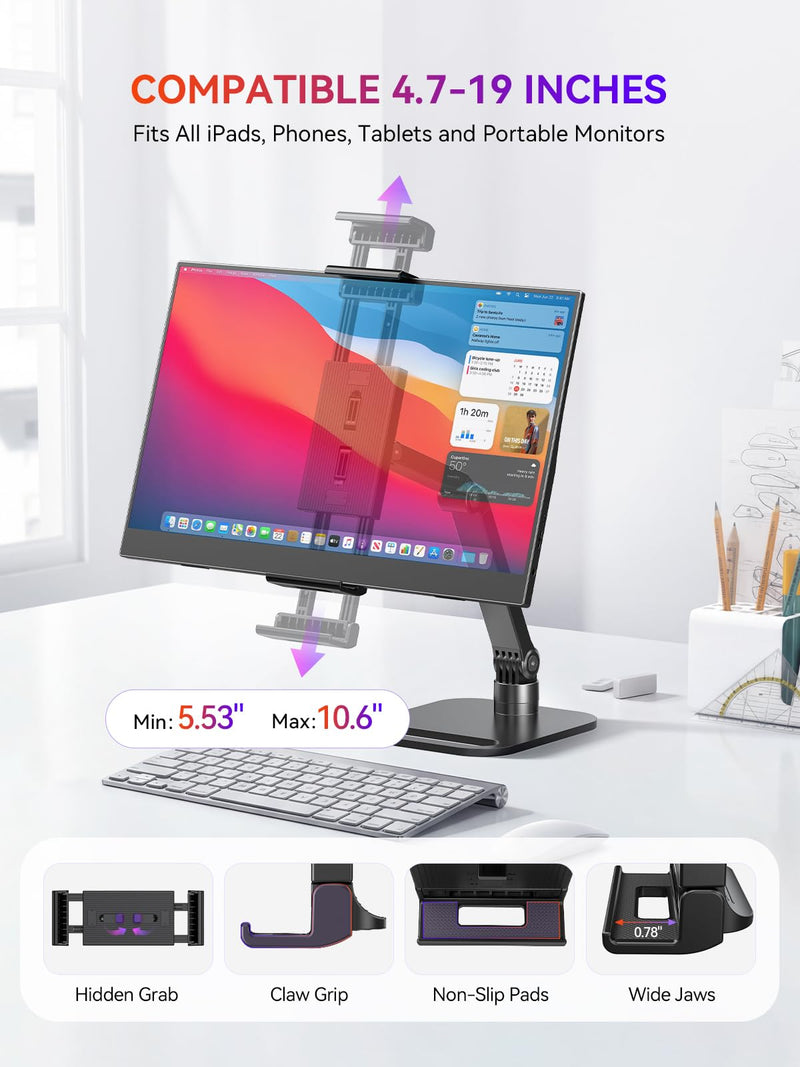 UPERFECT Portable Monitor & Tablet Stand, Heavy-Duty Carbon Steel Mount | Adjustable Clamp, Fits 4.7–19" Devices, 360° Rotation, Foldable Desk Mount for iPad, Phone, Tablet & Travel Use 19 inch