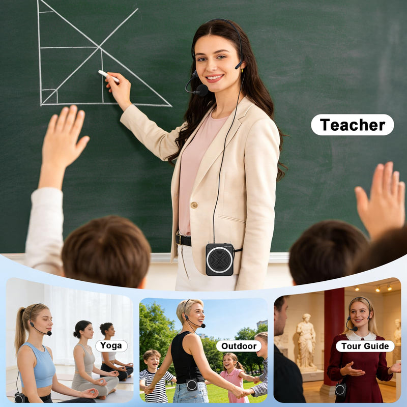 [AUSTRALIA] - Voice Amplifier for Teachers with Wired Handheld Microphone and Headset Microphone, 2800mAh Mini Pa System Bluetooth Personal Portable Speaker for Classroom, Meeting and Yoga, Black 