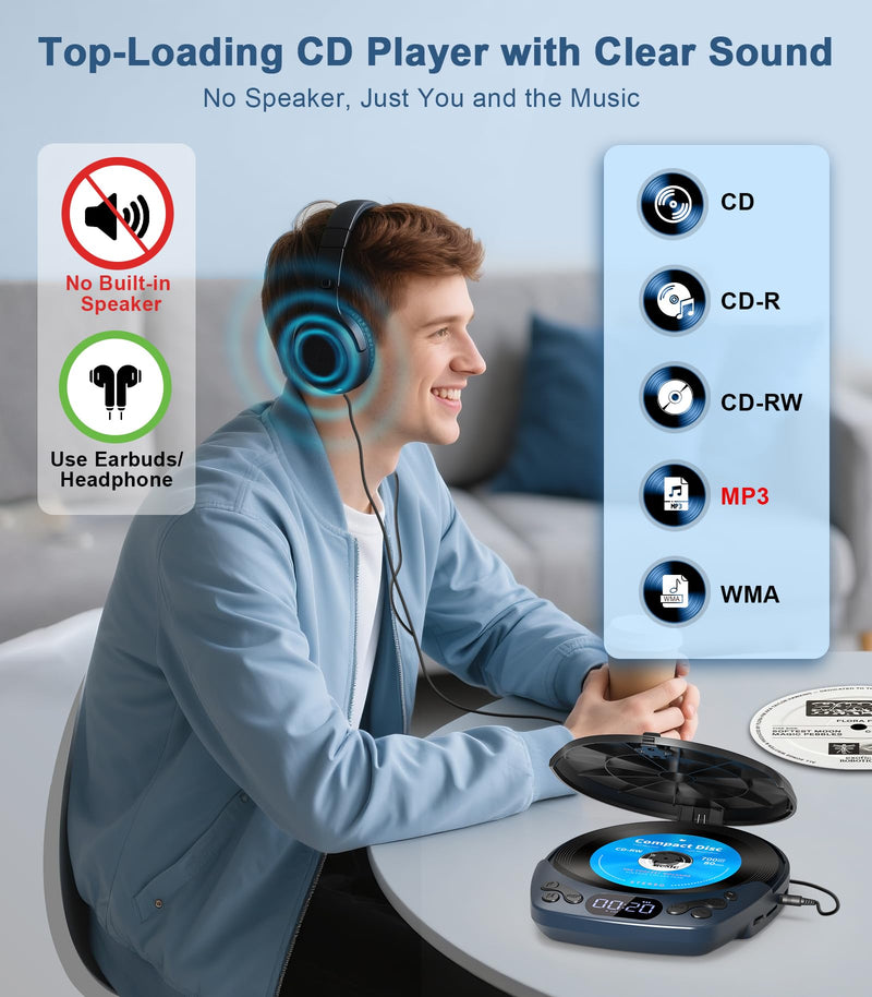 [AUSTRALIA] - Portable CD Player with Headphones, Rechargeable Discman CD Player for Car & Home, Small CD Players Portable with 60s Anti-Skip, Supports CD/MP3/WMA/TF Card/AUX, Backlit/Lock/Programmable/Timer Blue-CD Player with 1200mAh 