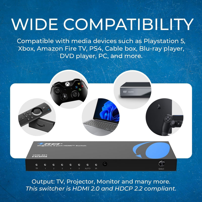 [AUSTRALIA] - OREI 4K HDMI Switch 5 in 1 Out – HDMI Switch with Remote 4K@60hz with HDR, Dolby, DTS & 3D - 18Gbps Switcher - for PS5/4, Xbox, Roku, Fire TV 