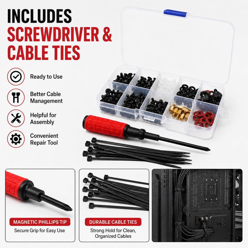 Computer Screws Assortment Kit with Screwdriver and Standoffs | Assorted PC screws, motherboard standoffs, and screwdriver for GPU, HDD, SSD, fan, PSU, and case repair