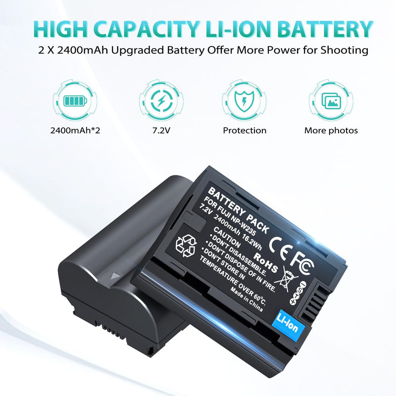 [AUSTRALIA] - LP NP-W235 Battery Charger Pack, LED Dual Slot USB Charger, 2-Pack 2400mAh Replacement Batteries for Fujifilm X-T5, X-S20, X-H2, X-H2S, GFX 100S, GFX 50S II, X-T4, VG-XT4 Battery Grip 