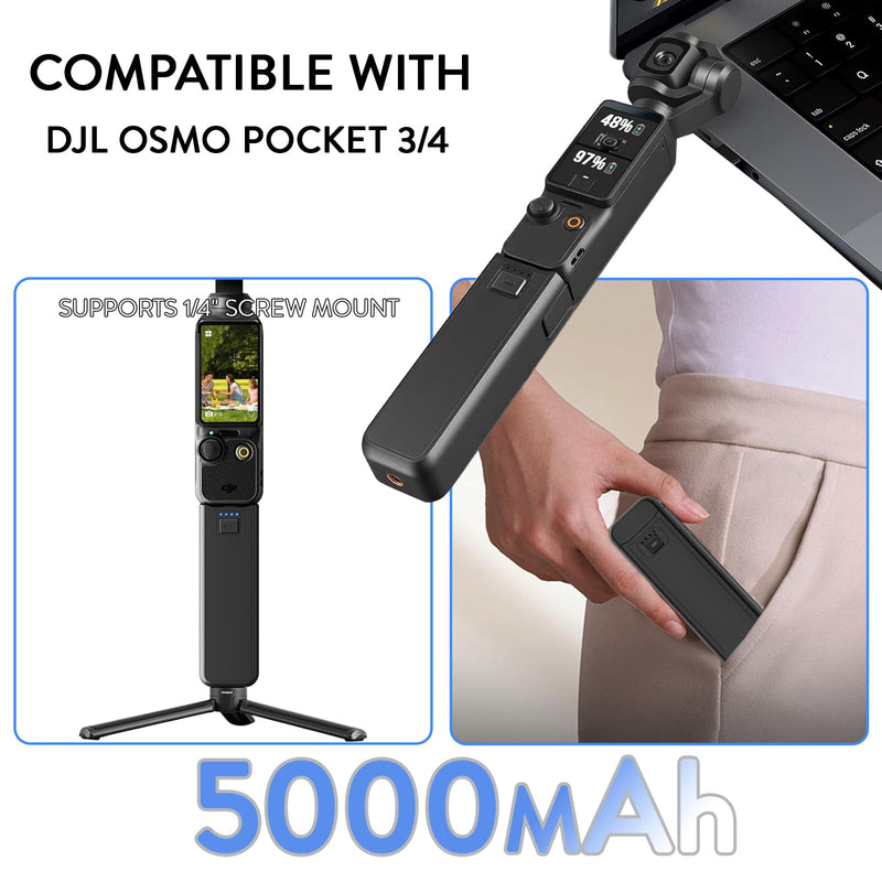 5000mAh Fast Charging Battery Handle for DJI Osmo Pocket 3 Accessories Battery Grips for Xtra Muse, Supports External Audio Devices, Data Transfer & Features a Reserved 1/4” Thread