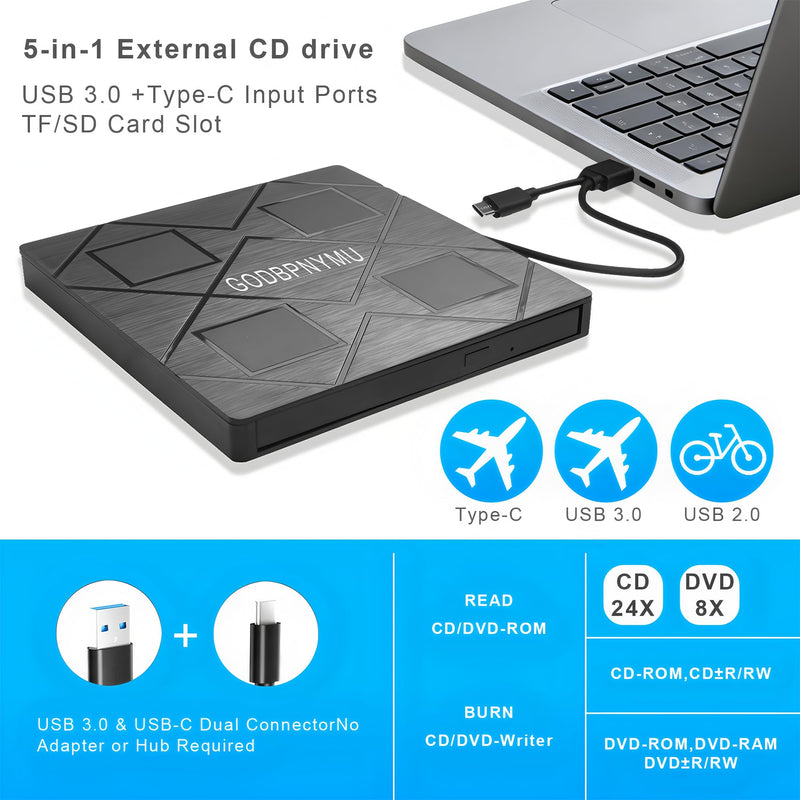 5-in-1 Extemal CD/DVD Drive for Laptop,USB 3.0 & Type-C Portable CD/DvD Rw Burner with SD/TF Card Reader &DVD-ROM Rewritable Player，Compatible with Laptop Pc Desktop, Windows11/10/8/7 Linux Mac os 5in1