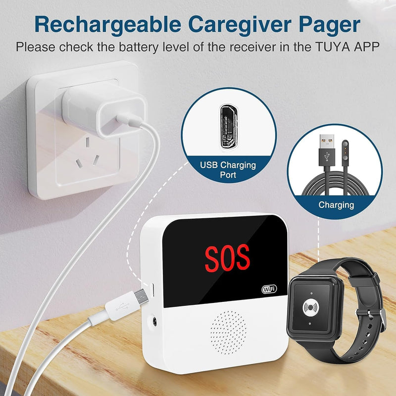 WiFi Rechargable Caregiver Pager Call Button Emergency Alert System Life Alert Button for Seniors Patient Disabled Elderly 1 Call Button 1 Watch Button 1 Receiver(only Supports 2.4GHz Wi-Fi)