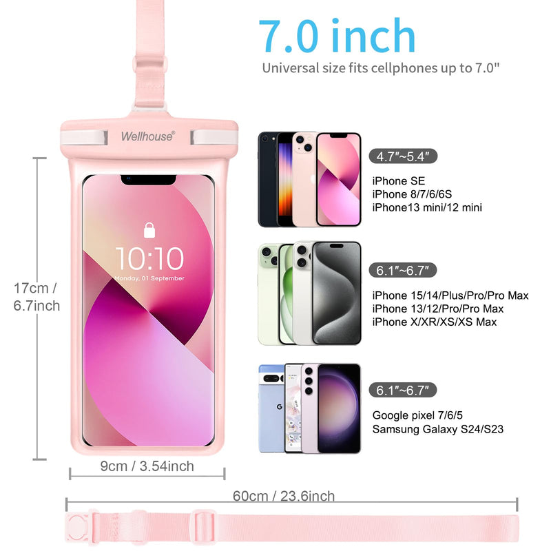 wellhouse Waterproof Phone Pouch, Waterproof Phone Case for iPhone 15 14 13 12 Pro Max XS Samsung, IPX8 3D Cellphone Dry Bag Beach Essentials Pink 1Pack 7.0" 1 Pack - Pink7.0"