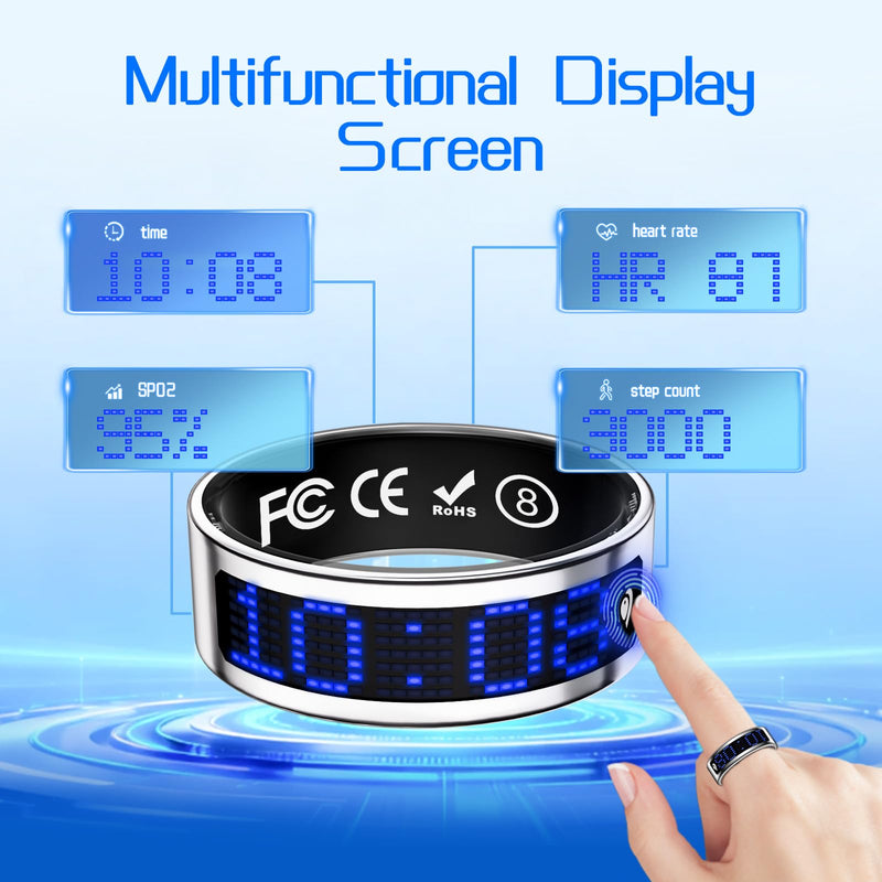 Smart Ring for Women & Men, Fitness & Health Tracker with Display Screen, IP68 Waterproof Smart Rings for Health Monitoring, Fitness Tracker Ring with Call Notification, No App Fees (Silver, 8#)
