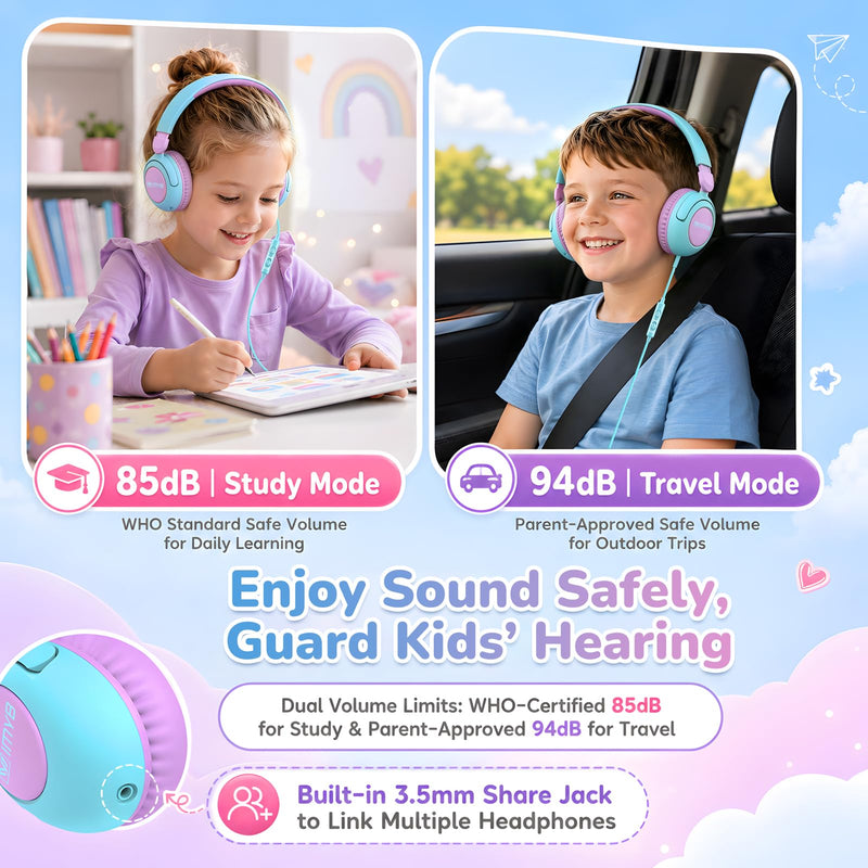 IMYB V8 Kids Headphones for School, Wired HD Mic 3-15 Year for Girls Boys | 85/94dB Volume Limit Safe Over-Ear Toddlers Durable Foldable Cord for iPad Tablet PC, Travel Airplane (Blue) Blue