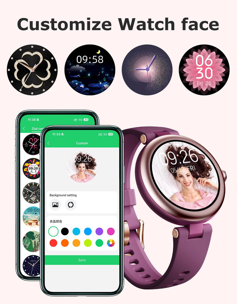 Smart Watches for Women, Round Bluetooth Call Smartwatch for iPhone Android Phones, Waterproof Fitness Tracker Watch with Heart Rate Monitor Sleep Tracker 100+Sports, Stylish Gifts for Women Purple