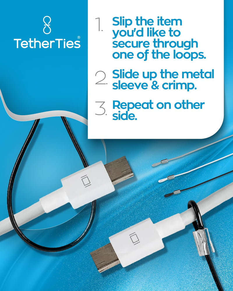 Heavy Duty Cable Lock: A Tamper-Resistant, Pre-Assembled Stainless Cable Tether Kit for Computers, Adapters & Dongles - Includes a Free Crimping Tool for Easy Installation (Silver, 5 Pack) 5 Pack Heavy Duty TetherTies Silver