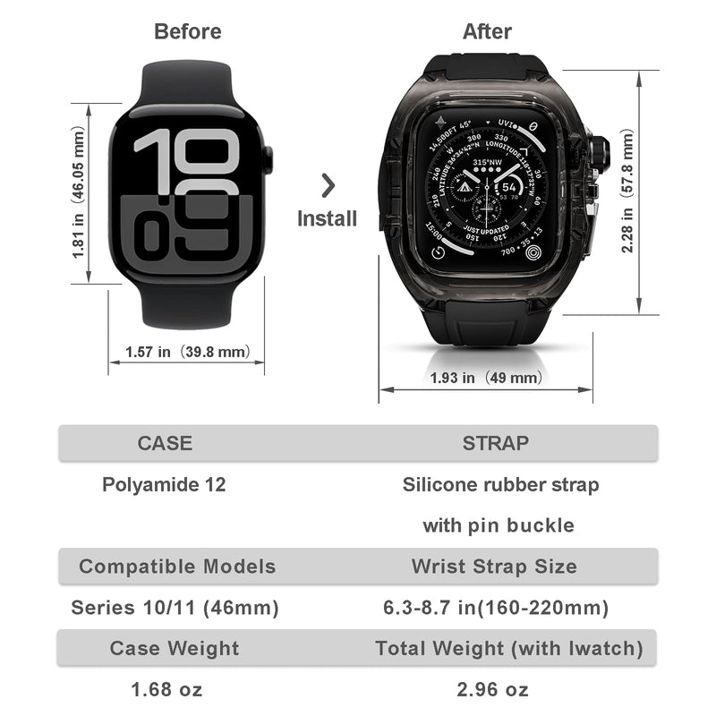 Premium Translucent Case with Band for Apple Watch Series 10/11 46mm, Hard Crystal Clear Military-Grade Protective Bumper Cover and Tactical-Style Strap for iWatch 46mm Black/Black