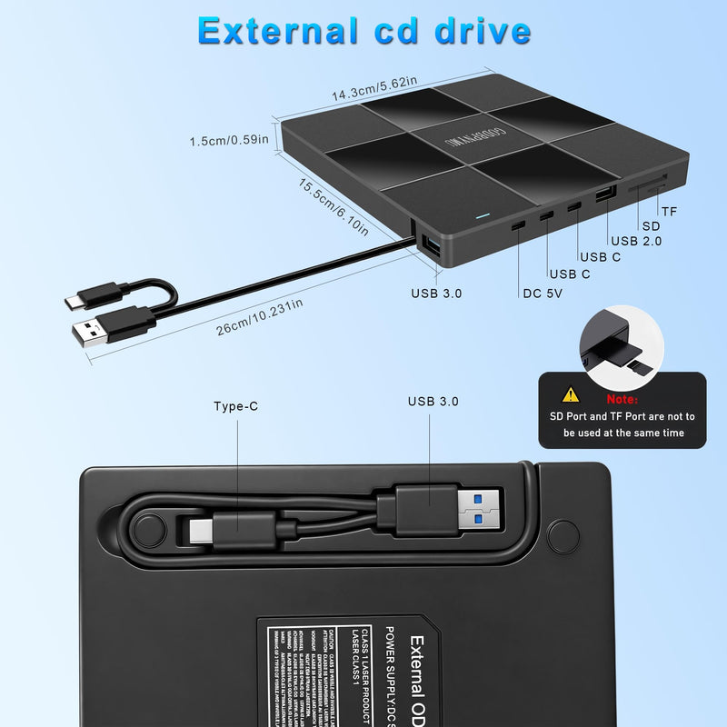 External DVD Drive, USB DVD Drive for Laptop Featuring 8-in-1 Hub | with USB-A/Type-C & TF/SD Card Reader – Compatible with Windows 11/10/8/7/XP, Linux, Mac OS – Includes Case + 4 Sleeves 8in1+Zipper bag