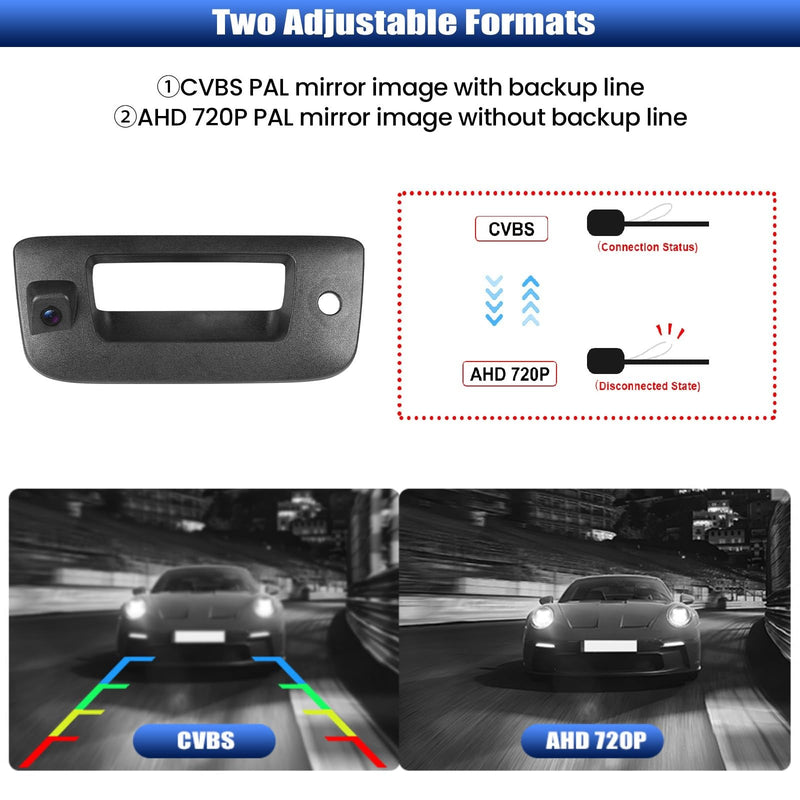 CAMECHO Tailgate Handle Back up Camera for 2007-2014 Chevrolet Chevy Silverado GMC Sierra 1500 2500 3500, IP67 Waterproof IR Night Vision Light Wide Angle AHD/CVBS/PAL Rear View Backup Camera Kit