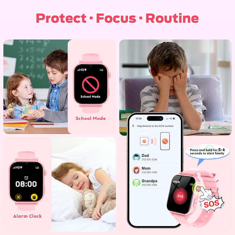 4G Kids Smart Watch with GPS Tracker, Video Call & Texting, Smart Watch for Kids with SIM Card, SOS, School Mode, HD Camera, Pedometer, Kid Watch Gift for Boys Girls Age 4-12, Pink