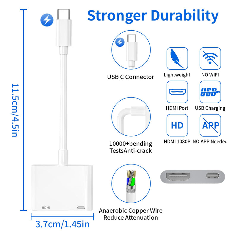 USB C to HDMI Adapter for iPhone 15,1080P Video & Audio Sync Screen Converter Digital AV Adapter with Charging Port for iPhone 15/15Pro/Max,MacBook Pro/Air 2023,iPad Pro,iMac,S23,XPS 17,Surface Book 3