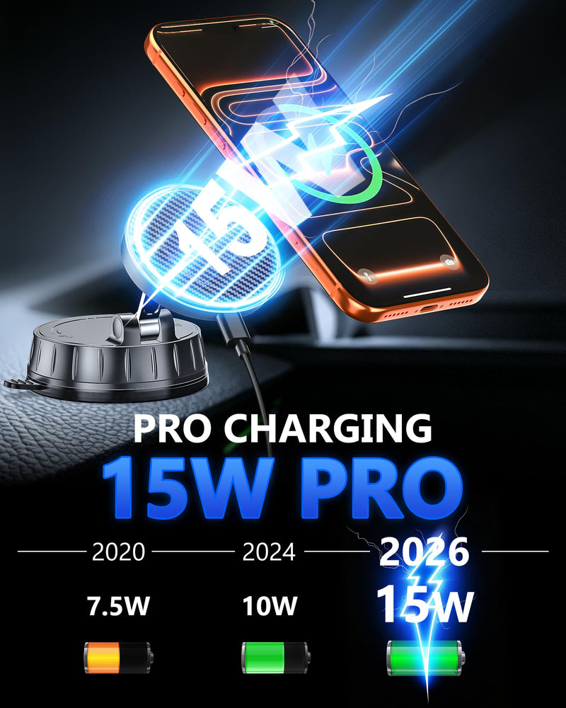 15W MagSafe Car Charger Mount, Magnetic Wireless Car Phone Holder with Dual Input Port, Vacuum Suction & Nano Adhesive Base, 360° Rotation Stable Car Charging Stand for iPhone 12-17, Samsung S26