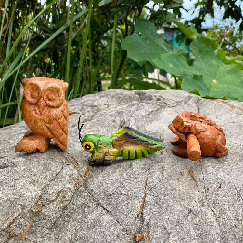 Handmade Wooden Percussion 3 Pcs Set 3 Inch Wooden Frog, 4 Inch Wooden Cricket and 3.5 Inch Wooden Owl, Gift Decor,(Green Wooden Cricket Brown Wooden Frog/Owl) Green Wooden Cricket Brown Wooden Frog/Owl
