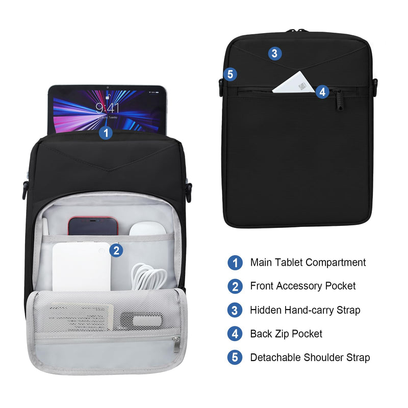 9-11 Inch Tablet Carrying Case with Shoulder Strap, Padded Travel Sleeve Bag for iPad Pro 11, iPad 10.9, iPad Air (5/4th Gen), Galaxy Tab S9/S8 (Black) Black