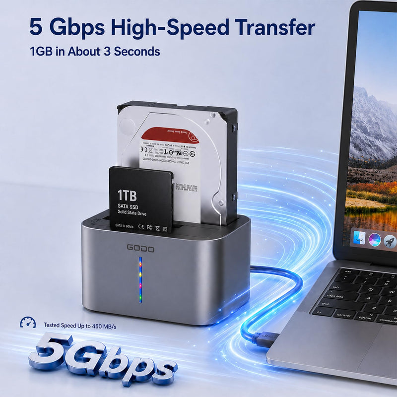 GODO 2.5/3.5" SATA Dual-Bay HDD Dock, USB 3.0 Hub, Clone, 20TBx2 Aluminum | Dual USB 3.0 Expansion Ports, Offline Clone Without PC, 5Gbps Transfer, Tool-Free Installation, Hot Swappable, LED Indicator