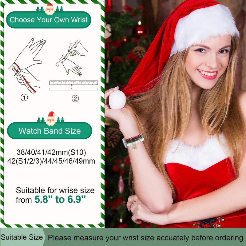 Newlibery Christmas Natural Stone Bracelet Band Gold Charms Metal Strap Bundle Compatible with Apple Watch 38mm 40mm 41mm 42mm 44mm 45mm 46mm 49mm for Women for iWatch Series 10/9/8/7/6/5/4/3/2/1/SE