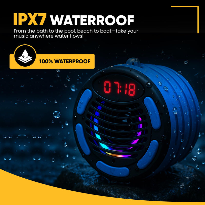 IPX7 Waterproof Bluetooth Speaker with Time, Floating Portable Speaker for Shower, Pool & Beach, Includes MTB Handlebar Holder, Suction Cup & Carabiner, RGB Lights, FM Radio, USB-C - Gifts