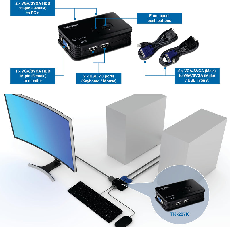 TRENDnet 2-Port USB KVM Switch, TK-207K | Control Two Computers with One Set of Console Controls,2048 x 1536 Resolution,60Hz Refresh Rate,All Required Cabling Included 2 Port USB w/ Cables