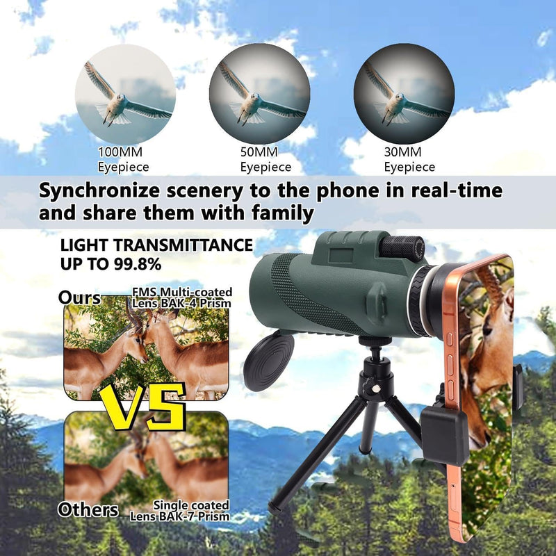 1set 80X100 Power Single Barrel Birdwatching Telescope High Definition Adults High Powered with Smartphone Adapter,15.3 * 7 Cm (Green) Green