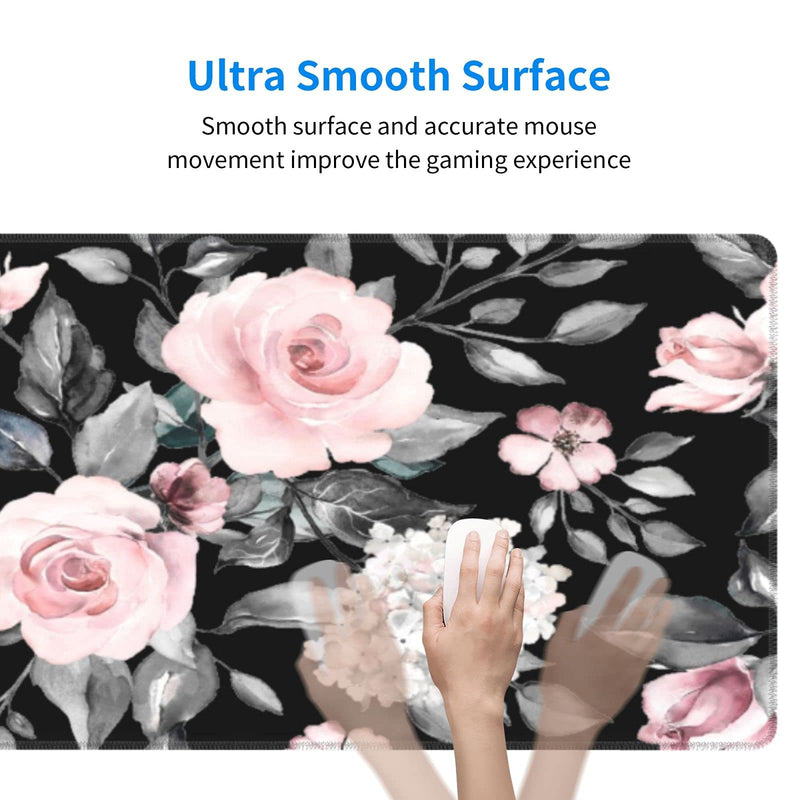 Floral Extended Gaming Mouse Pad Non-Slip Rubber Base Black Large Mousepad 31.5x11.8in with Stitched Edge Waterproof Pink Peony Flowers Pads Computer Black Desk Laptop Mats for Work/Game/Office/Home Flower